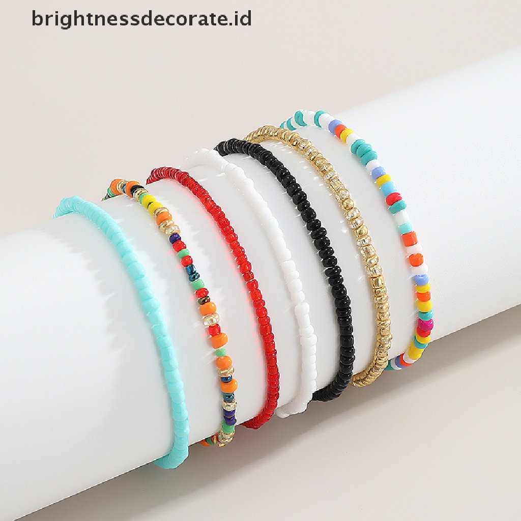 [Birth] 7pcs Manik-Manik Kecil Warna-Warni Bohemia Bangle Gelang Elastis Set Perhiasan Aksesori [ID]