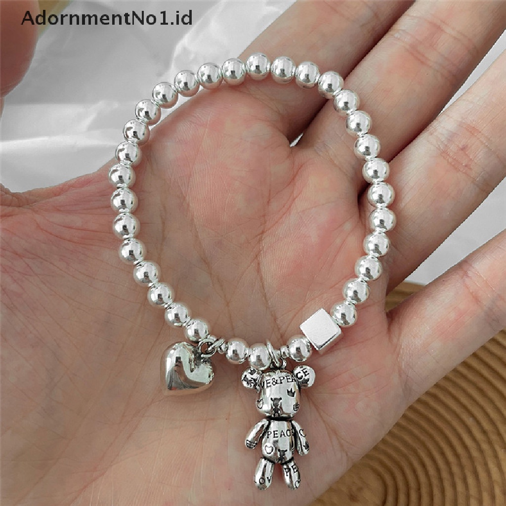 [AdornmentNo1] Gelang Punk Warna Silver Untuk Wanita String Beads Aksesoris Tren Vintage Sederhana Lucu Beruang Liontin Pesta Perhiasan Halus [ID]