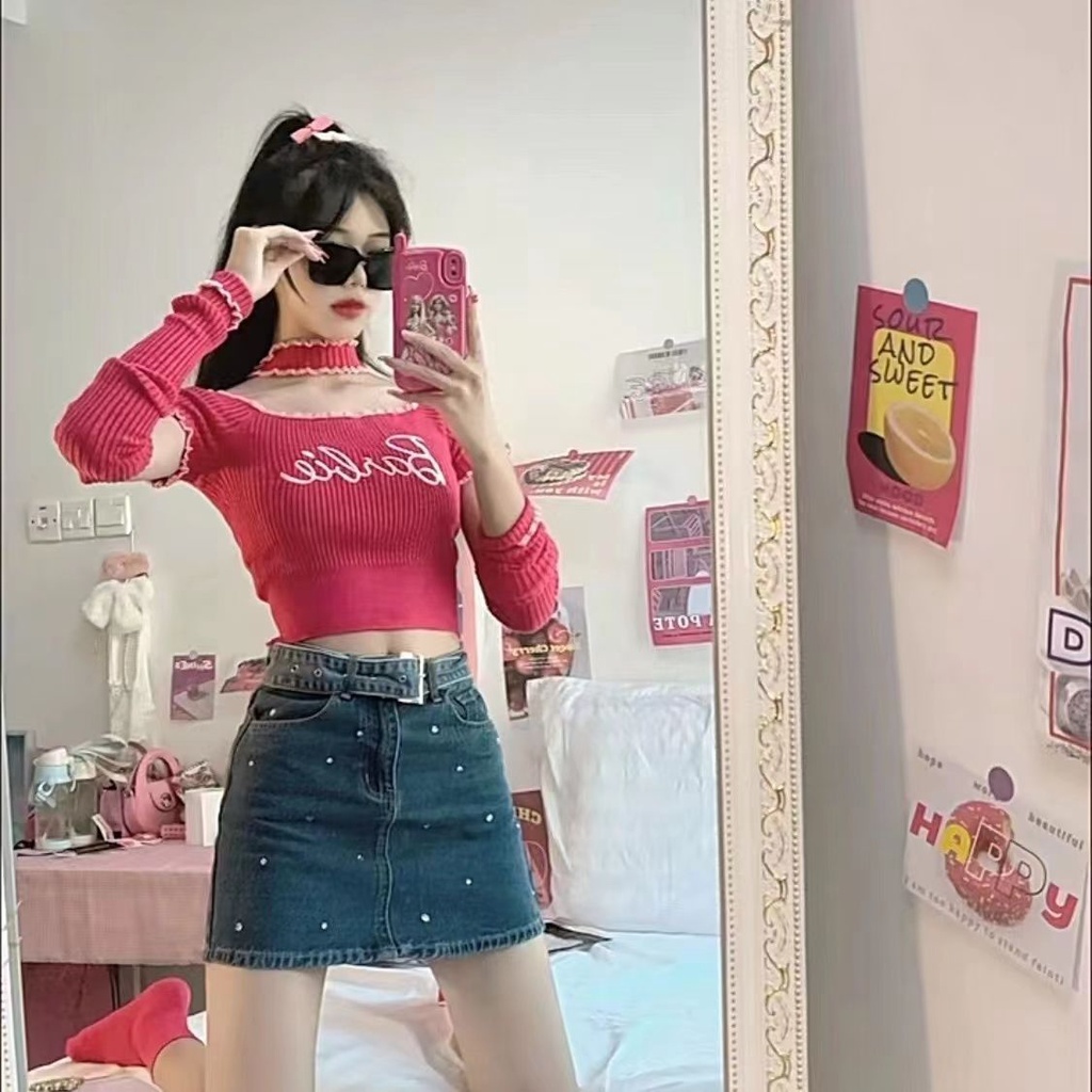 Keren!!! [Bordir Keinginan Murni] Hot Girl Slim Short High Waist Short Sleeve INS Super Hot Net Red Show White Top Dress