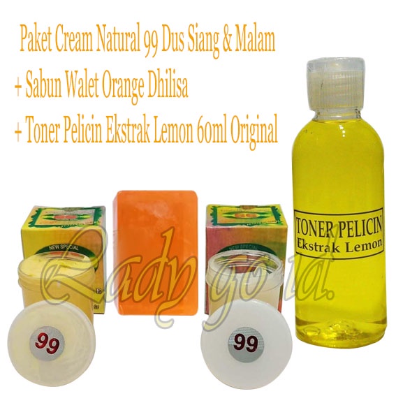 Paket Cream Natural 99 Dus Siang &amp; Malam + Sabun Walet Orange Dhilisa + Toner Pelicin Ekstrak Lemon 60ml