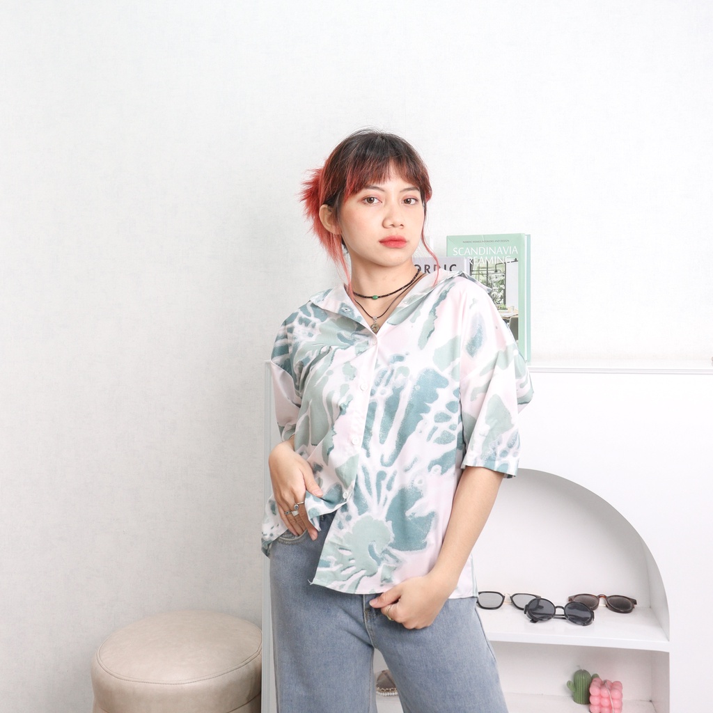 Korean printed kemeja wanita casual premium silk lengan pendek