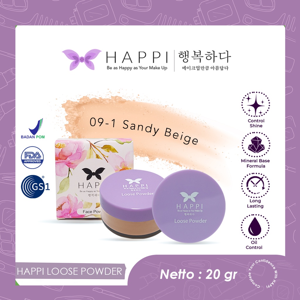 LOOSE POWDER HAPPI, HAPPI COSMETICS LOOSE POWDER, POWDERY, FULL COVERAGE