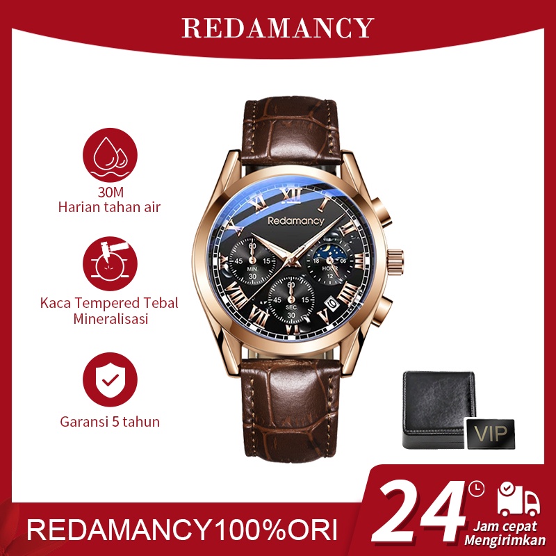 Redamancy Jam Tangan Pria Original Anti Air Kulit Tahan  Hitam Coklat Luxury Chronograph Watch Men Multifungsi