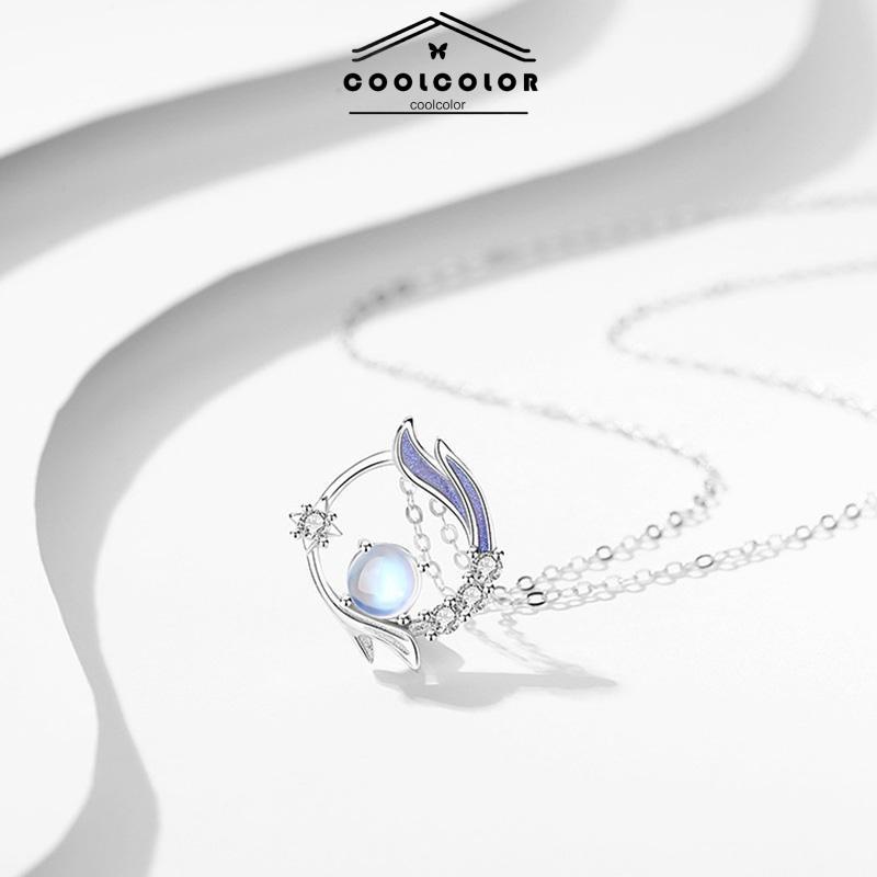 COD❤️Kalung Rantai Klavikula Liontin Moonstone Gaya Korea Silver Untuk Wanita Aksesoris Perhiasan- cl