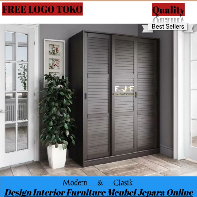 Lemari Pakaian Pintu 3 Sliding Geser Minimalis Kayu Jati Tua Wardrobe 3 Sliding Door