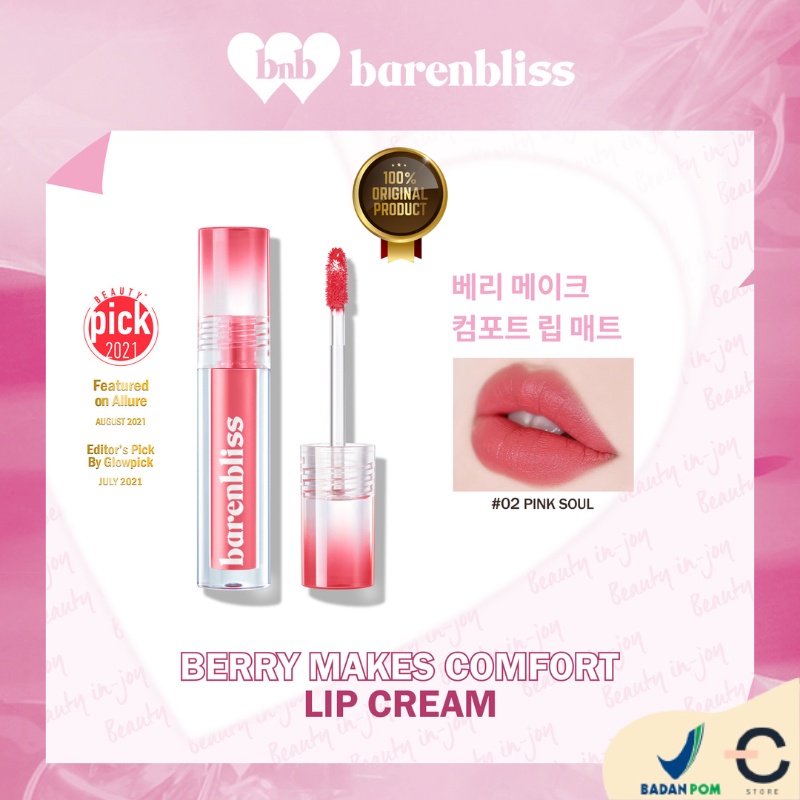 [ORI BPOM] BNB barenbliss Berry Makes Comfort Lip Cream Korea Liquid Lipstik「24H Moisturizing」| BNB Barenbliss Berry Makes Comfort Lip Matte | Lip Matte Barenbliss | Lip Cream | Lip Velvet | Lipstick |