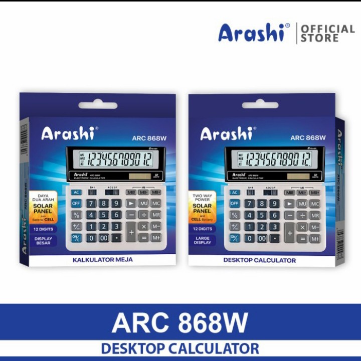 Arashi Calculator ARC 868 White/ BLACK - Kalkulator 12 Digital - Tahan - Awet