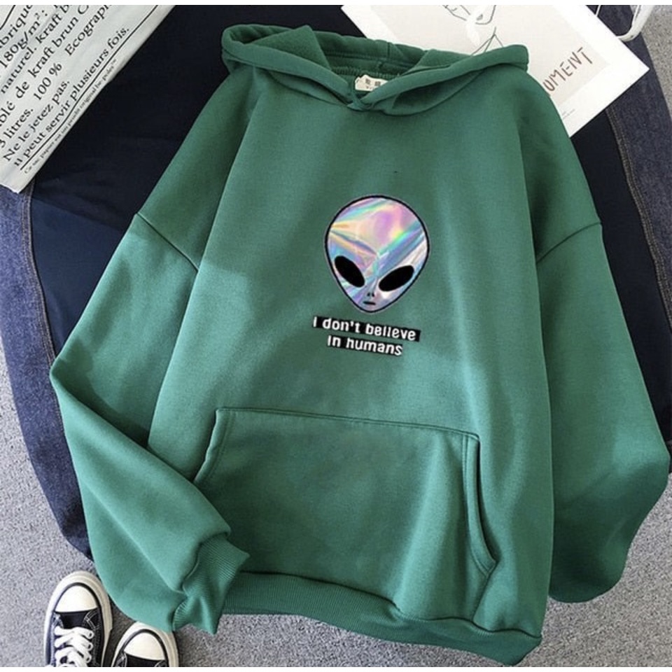 I Don't Beleave in Humans Alien Sweater Hoodie Trendy II I Don't Beleave in Humans Alien Jumper Hoodie II Sweter Oblong Topi Sz M - XL Anak &amp; Dewasa ( Pria &amp; Wanita )