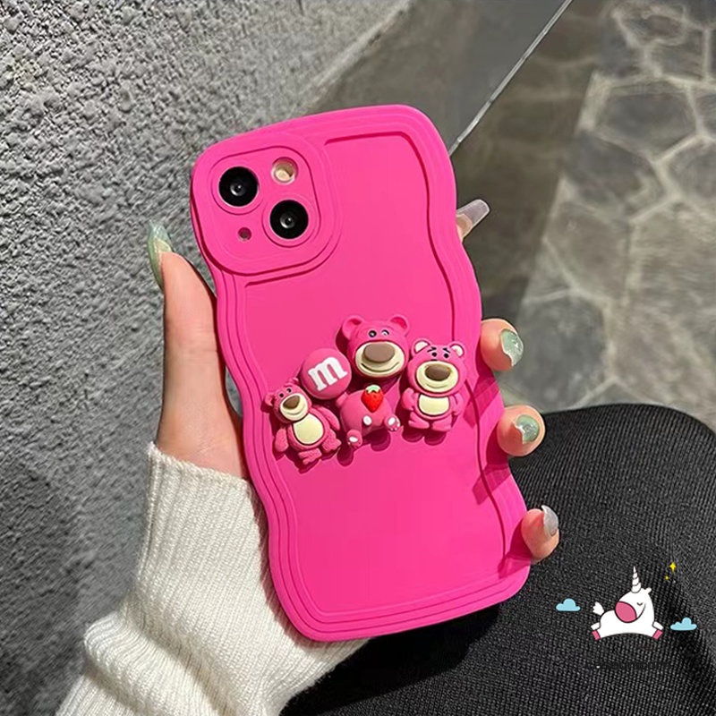 Kartun 3D Lucu Losto Decor Case Kompatibel Untuk iPhone 11 Pro MAX 7plus 8plus 14 7 8 Plus XR 14 12 13 Pro MAX X XS MAX Shockproof Simple Wave Edge Soft TPU Back Case Dengan Gelang