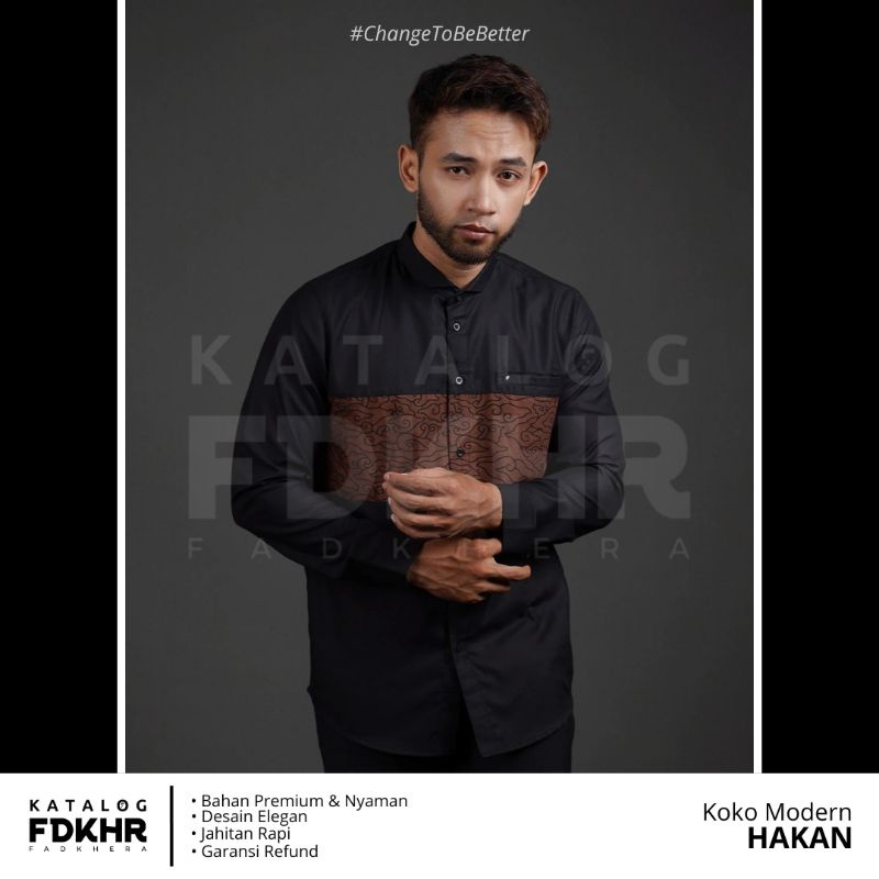 KEMEJA KOKO MODERN FADKHERA HAKAN BAJU PRIA HITAM BATIK MEGA MENDUNG CIREBON