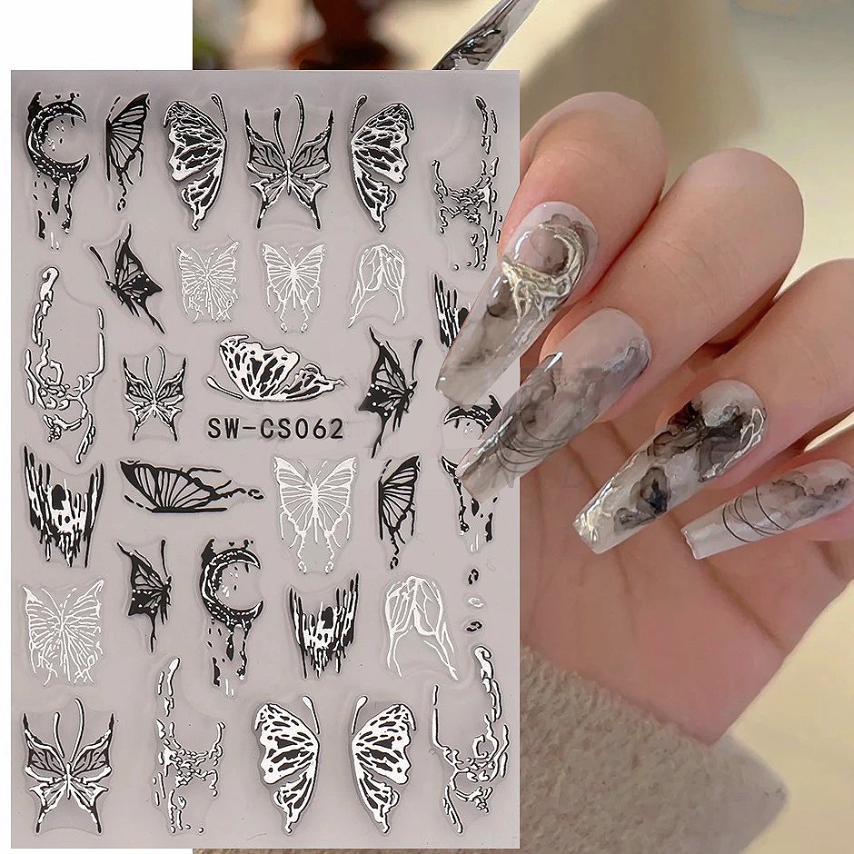 Diy Art Nail Decal Dark Butterfly Moon Peningkatan Kuku Stiker Tekstur 3D Cinta Stiker Kuku