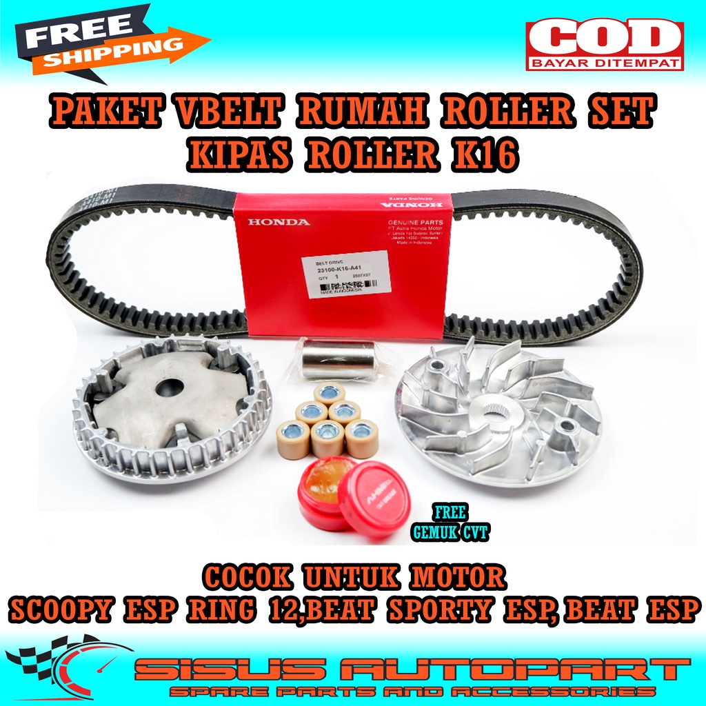 PAKET VANBELT RUMAH ROLLER KIPAS ROLLER SCOOPY ESP RING 12 BEAT SPORTY ESP / PAKET CVT SCOOPY ESP K16