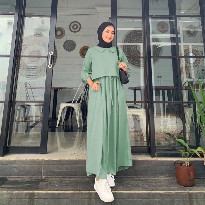 Baju Gamis / Dress Lebaran Warna Sage Hijau Kasual Kekinian Terbaru 2023