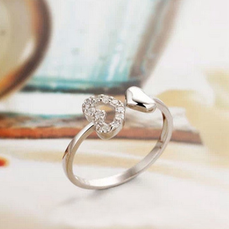 Cincin Hati Ganda Untuk Wanita Pembukaan Dapat Disesuaikan Berlian Imitasi Simple Ring