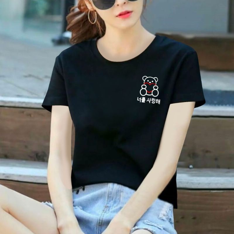 kaos distro wanita lengan pendek logo bordir (love bear)