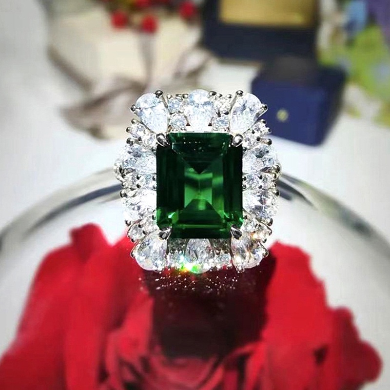 Cincin Wanita Cubic Zirconia Hijau Persegi Mewah Untuk Hadiah Ulang Tahun Pesta Elegan Lady Ring Warna Perak Pertunangan Perhiasan Trendi