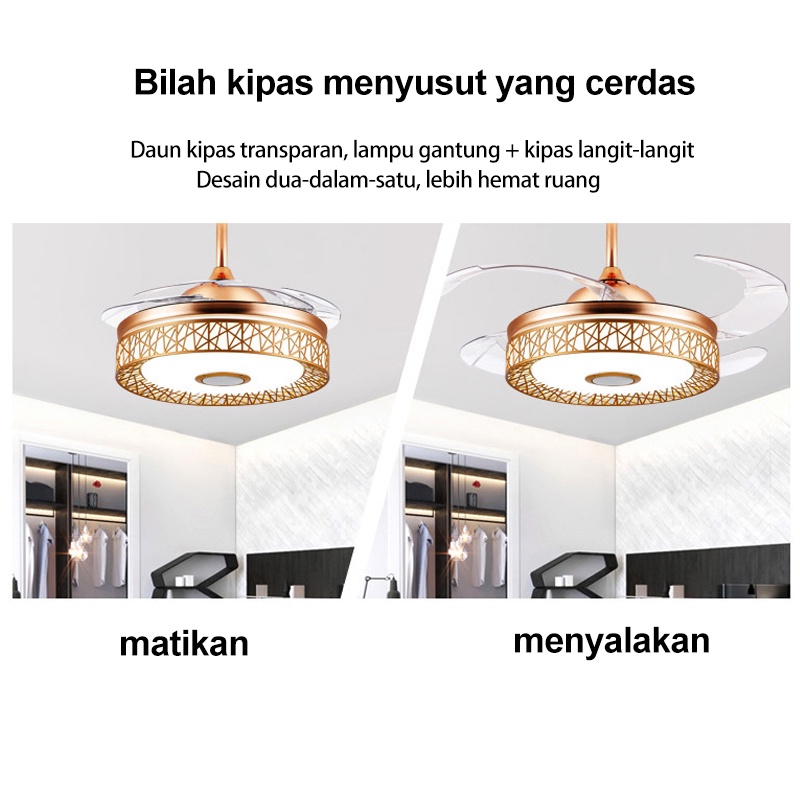 Golden LED Lampu Plafon Kipas Angin Lampu Gantung Plafon Lampu Hias Gantung Ruang Tamu Remote Contorl Plafon Fan 3 Warna