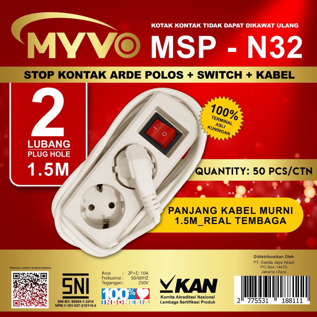 Stop Kontak Kabel Myvo 1,5Meter 2Lubang N32 1,5M