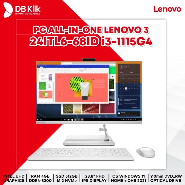 PC AIO LENOVO 3 24ITL6-68ID i3-1115G4 4GB SSD 512G DVDRW W11+OHS 23.8&quot;