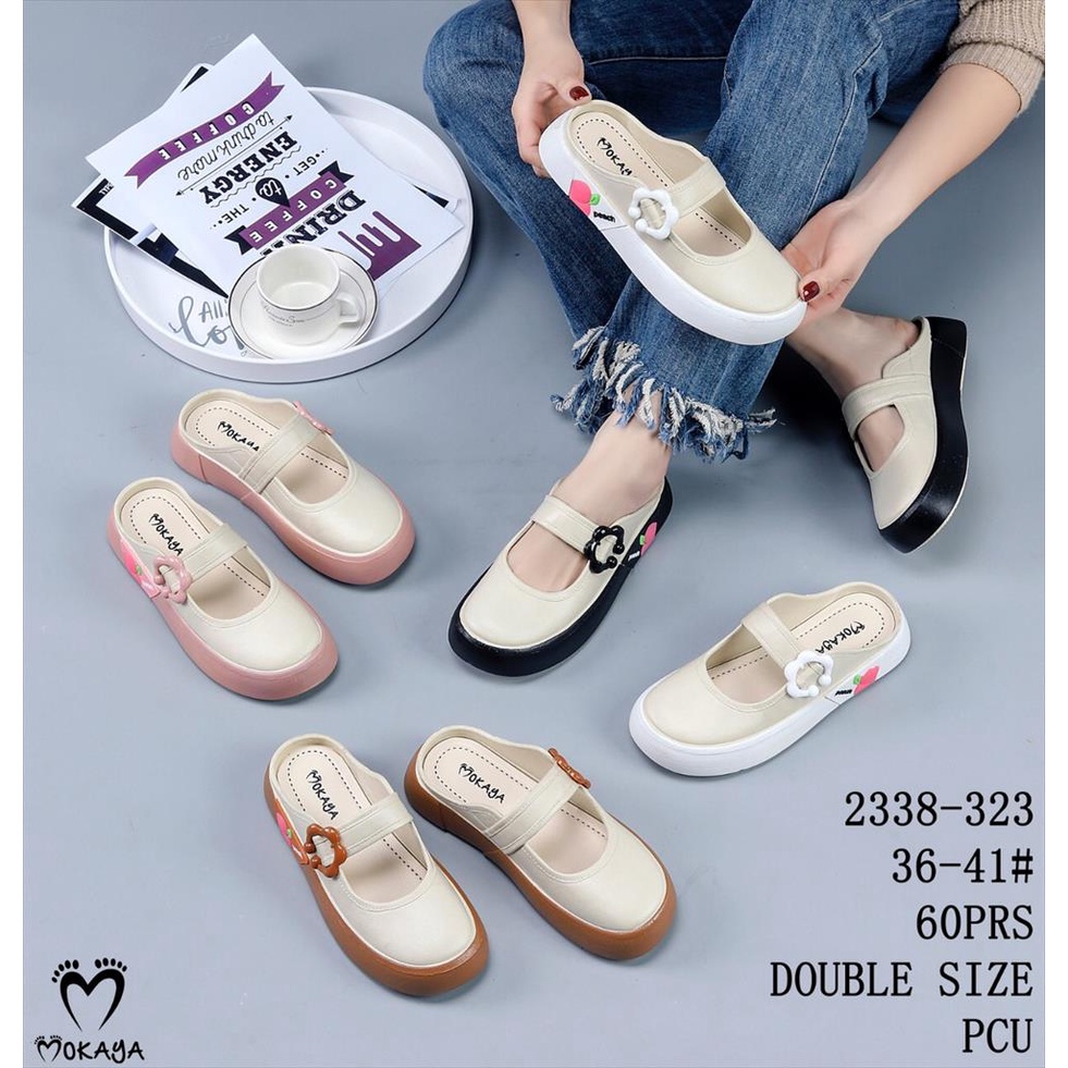 (2338-322/2338-323) Sepatu Sandal Slop Wanita Gesper Kotak dan Bunga Motif Peach Samping Platform Tebal Casual Super Empuk Trendy Import Mokya / Size 36-41