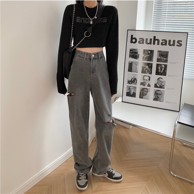 Abu abu Highwaist Robek Celana Jens Wanita / Korean Fashion Kulot Jeans Wanita
