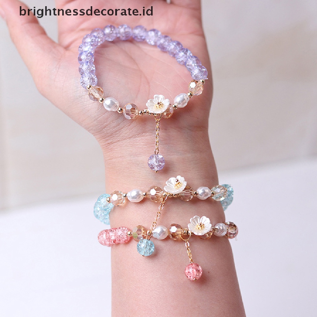 [Birth] Fashion Korea Mutiara Shell Bunga Pesona Gelang Bohemian Warna-Warni Kristal Manik-Manik Gelang Buatan Tangan Tali Elastis Wanita Perhiasan [ID]