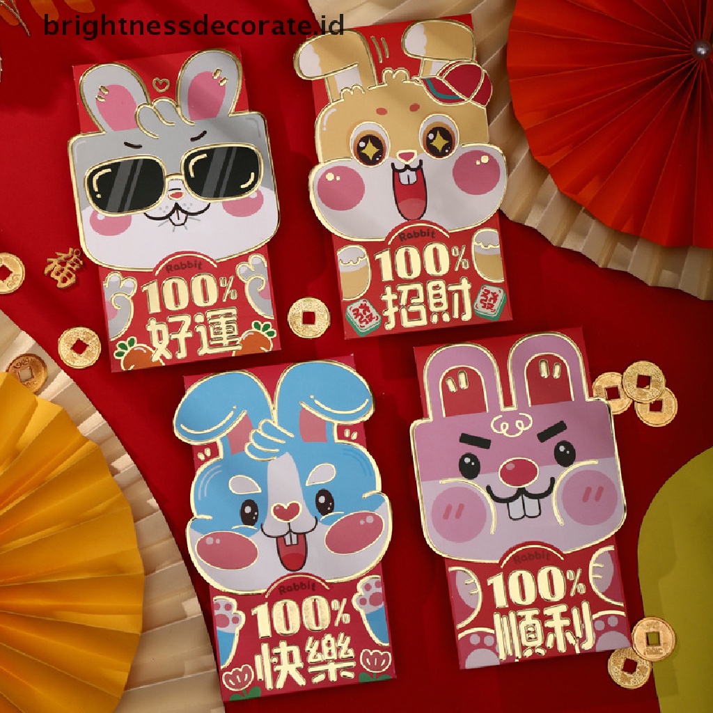 [Birth] 4pcs Chinese Rabbit Year Festival Hongbao Amplop Uang Keberuntungan Kartun Anak Hadiah Persediaan Tahun Baru Untuk Festival Musim Semi Beruntung Merah Tas Kantong Kantong [ID]