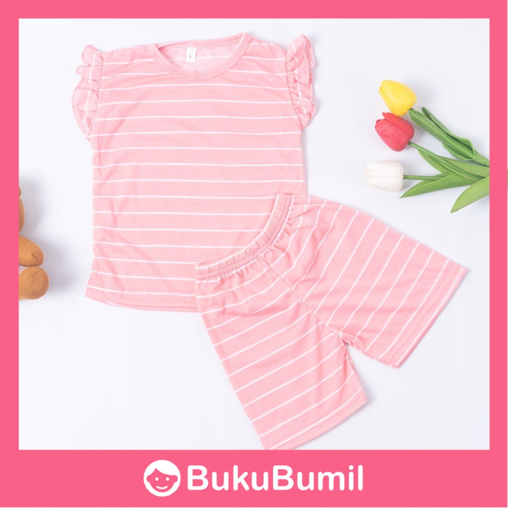 BUBU - KOREAN STYLE Setelan Anak Perempuan / Setelan Anak Wonju Set Salur / Set Salur Ruffle Anak 1-