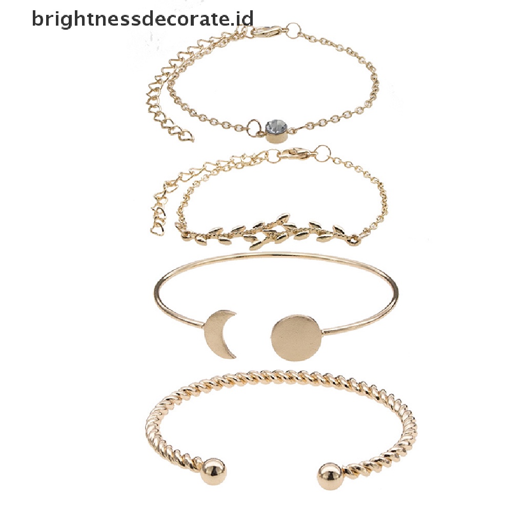 [Birth] 4pcs/set Wanita Bohemian Gelang Kristal Daun Bulan Handmade Alloy Bangle Jewelry [ID]