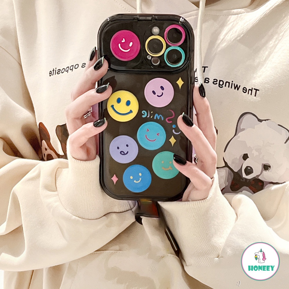 IPHONE Korea Wajah Tersenyum Emoji Tak Terlihat Flip Mirror Phone Case Kompatibel Untuk Iphone14 13 12 11 Pro Max Stand Holder Cermin Adjustable Lembut TPU Penutup Belakang