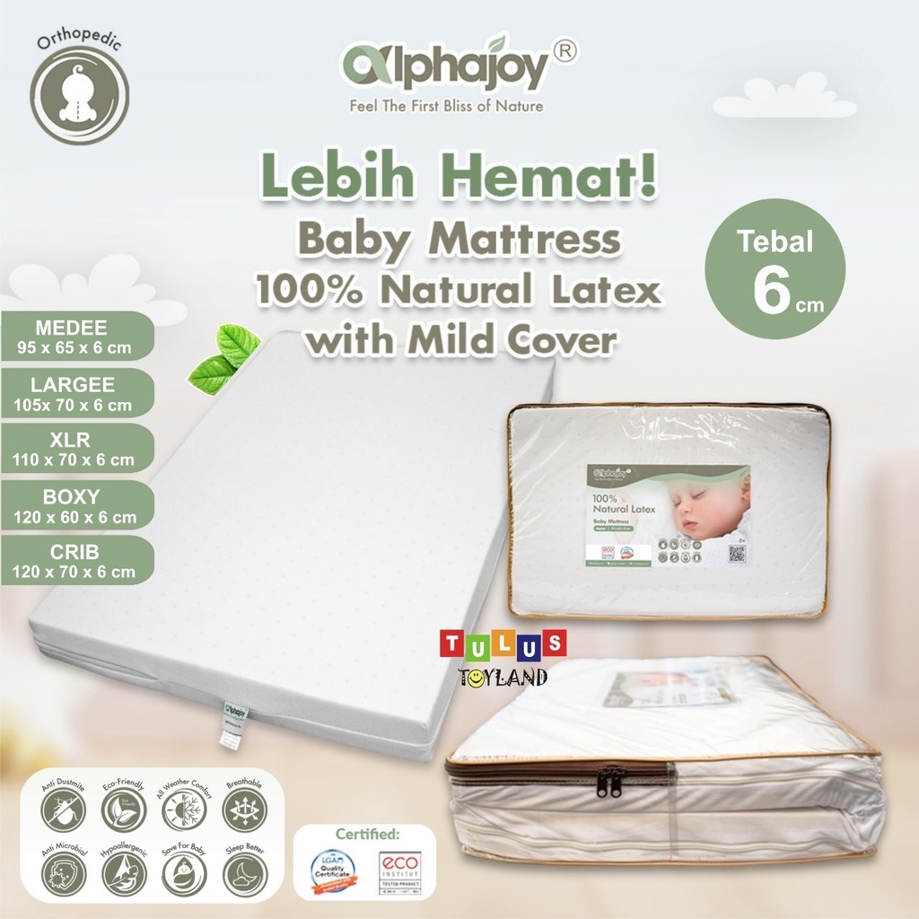 Alphajoy Baby Mattress Mild Cover kasur bayi 100% Natural Latex 95 x 65 size 105 x 70 uk 110 x 70 matras 120 x 60 cocok box baby joie babyelle nuna pliko right start little equi busa lateks ranjang kayu anak bedding alas tidur