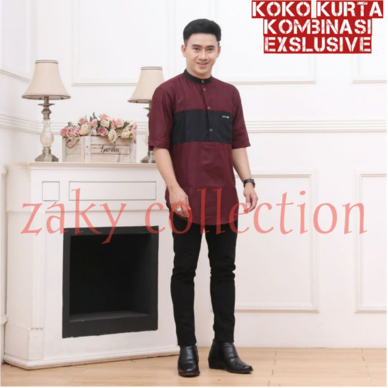 BAJU MUSLIM PRIA KOKO KURTA KOMBINASI EXSLUSIVE  DEWASA BAHAN DASAR KATUN RAMI M L XL COKLAT HIJAU BOTOL ARMY MERAH MAROON BERKUALITAS