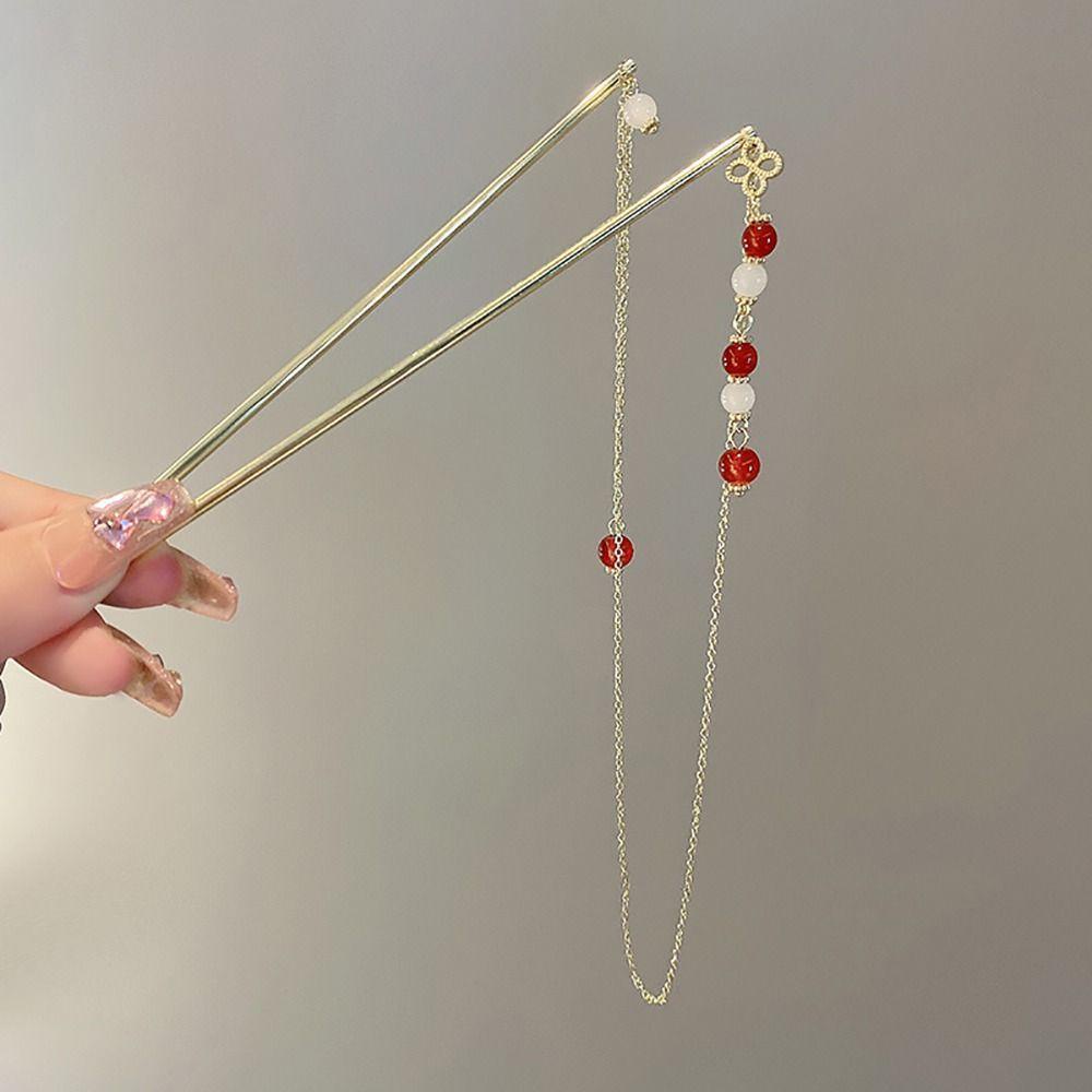 Needway Double Rumbai Rambut Tongkat Temperamen Hanfu Hiasan Kepala Vintage Bunga Hiasan Kepala Ponytail Holder Untuk Pria Mutiara Rambut Insert Rambut Garpu