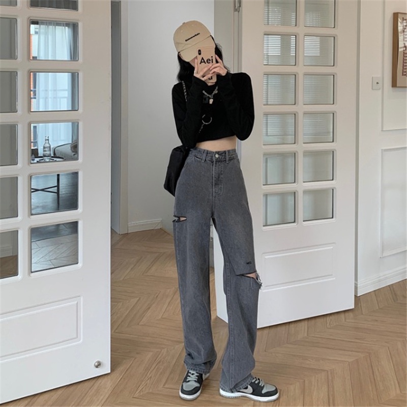 Abu abu Highwaist Robek Celana Jens Wanita / Korean Fashion Kulot Jeans Wanita