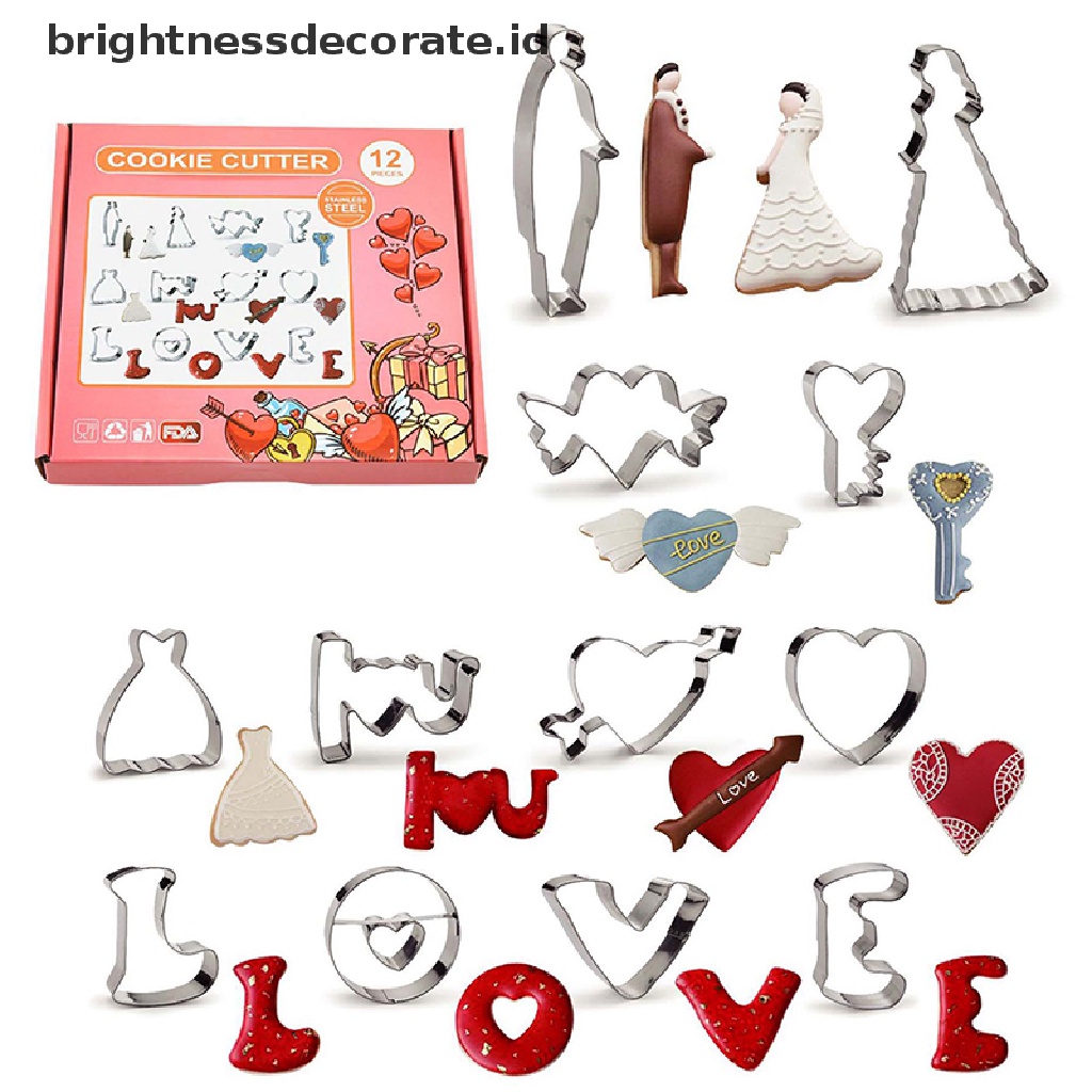 [Birth] 12pcs Set Cookie Cutter Tema Love Valenes Day Biscuit Fondant Embosser Stamp [ID]