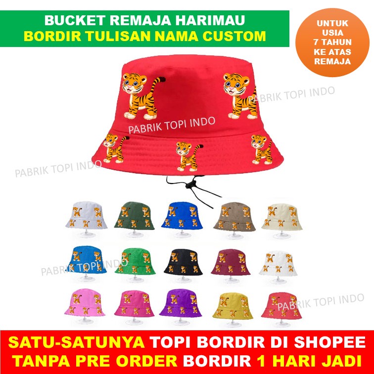 Topi Harimau Bucket Tiger dan Custom Bordir Nama Sesuka Kamu Usia 7 Tahun ke atas