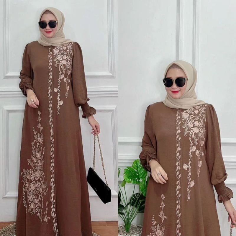 Baju Wanita Gamis Crinkle AirFlow Aksen Bordir Naysila Dress Kondangan Busui Friendly Gaun Pesta Muslimah Outfit Wanita Kekinian