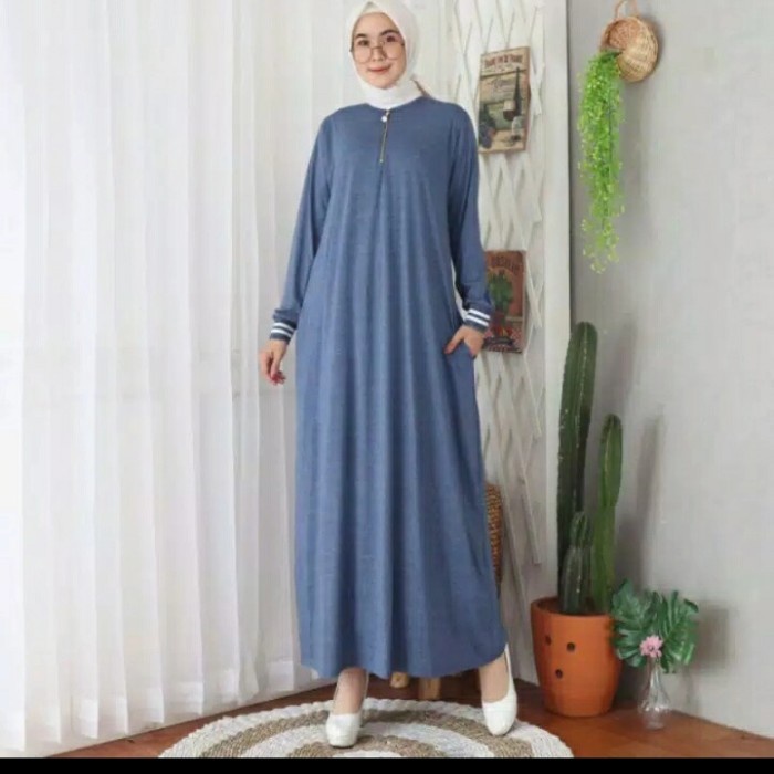 Gamis Busui Dress Kaos Resleting Depan Maxi Polos Wanita Jumbo Promo