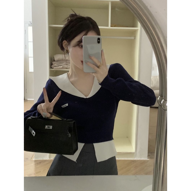 Red Gaya perguruan tinggi v-neck sweater warna kontras wanita musim gugur dan musim dingin baru yang chic dan unik atasan pendek palsu dua potong kemeja bottoming rajutan