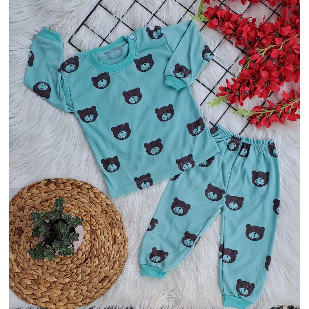 BAJU bayi lucu murah motif kepala beruang madu set PANJANG 3-18 bulan