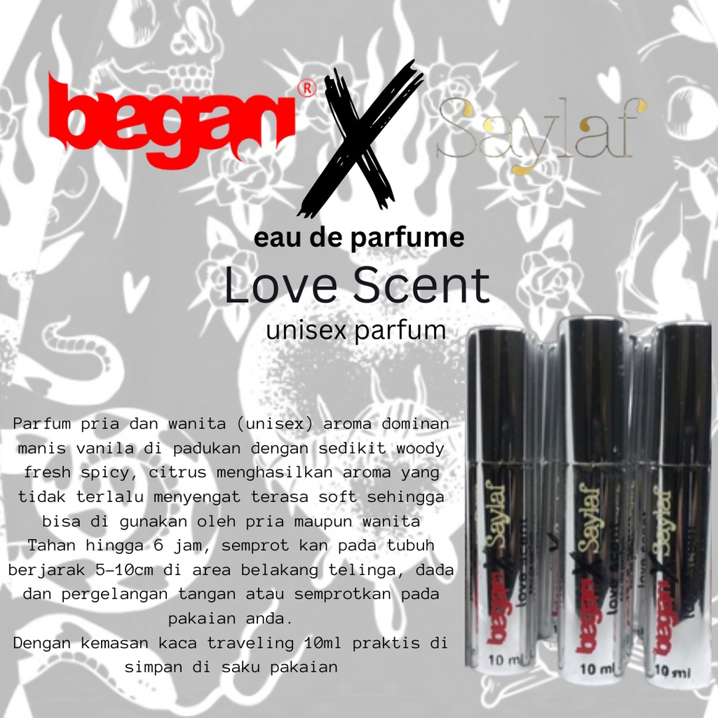 Began X Saylaf LOVE SCENT Parfum pria wanita Soft vanila woody afrodisiak 10ml botol kaca silver