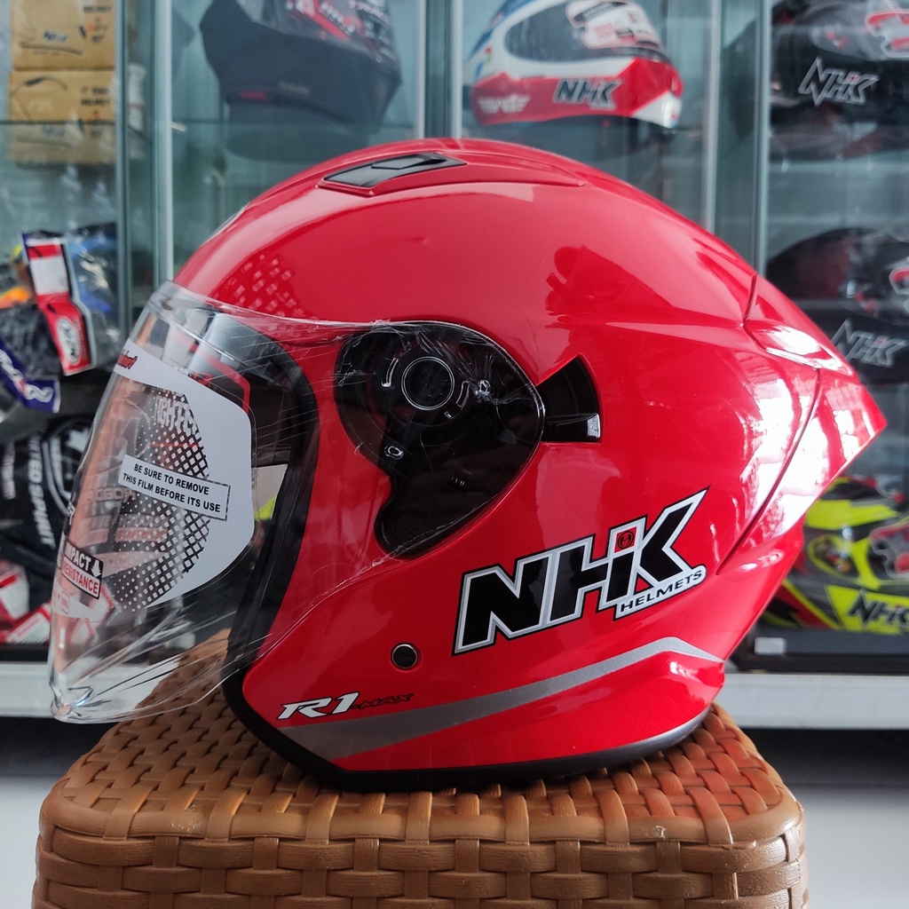 HELM NHK R1 MAX SOLID RED GLOSSY HALF FACE NHK R1 MAX DOUBLE VISOR