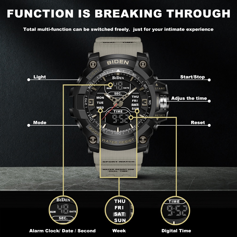 BIDEN Jam Tangan Pria Anti Air Bercahaya Digital &amp; Analog Olahraga Alarm Multifungsi Tali Silikon Jam Tangan Cowok