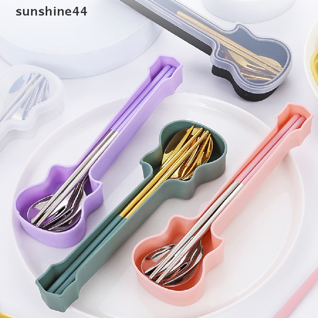 Sunshine 3Pcs Set Alat Makan Garpu Sendok Sumpit Makan Set Travel Sendok Garpu Kotak Gitar.