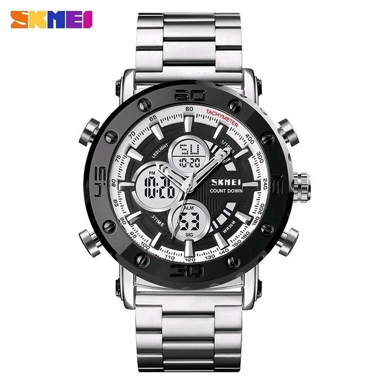 Jam Tangan Skmei Pria Digital Analog Tali STAINLESS SKMEI 1636 Original