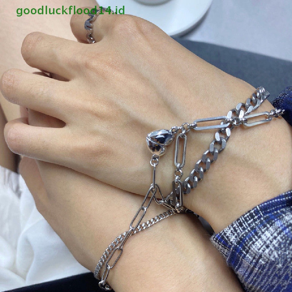 [GOOGFOUR] Gelang Wanita Pria Fashion Couple Cuff Jewelry Vintage Rantai Warna Perak Gelang Magnet Hati [TOP]