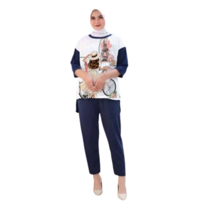 Setelan Kaos Wanita Dewasa Oversize Ld 110 cm Terbaru 2023 Viral Gambar Digital Printing Bahan Kaos Babyterry Tangan 3/4 dan Celana Panjang One Set Wanita Dewasa Jumbo Kekinian Atasan Baju Wanita Dewasa Big Size Stelan Baju Wanita Santai Cewek Paris