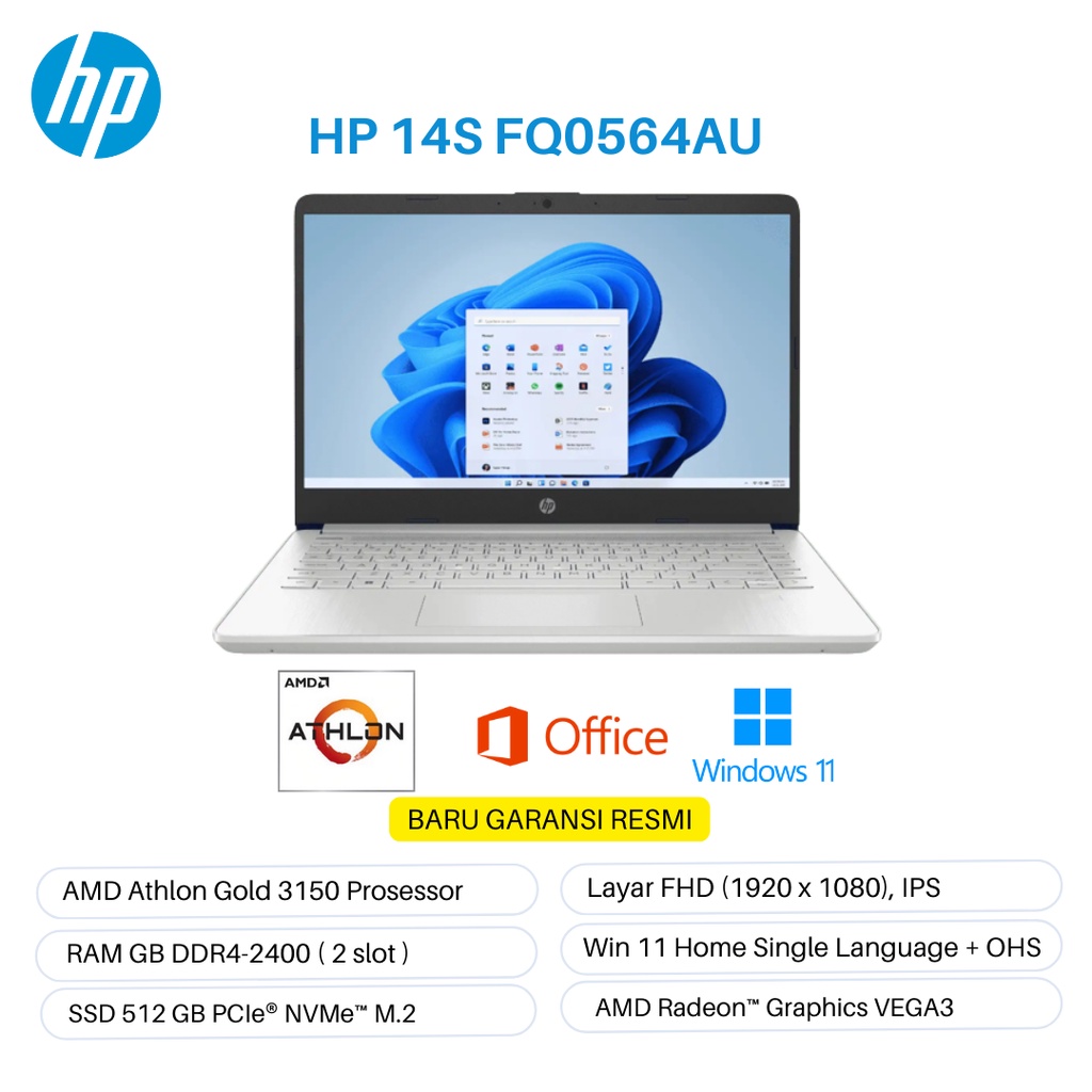 Laptop HP 14S FQ0564AU Prosesor AMD Athlon™ Gold 3150U 14&quot; RAM 8 SSD 512 Win 11 + OHS Baru Bergaransi