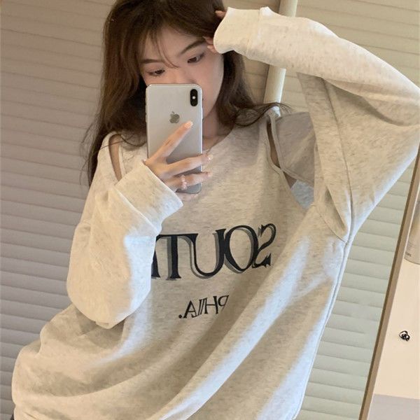 ♤✲﹍Salt letter printing sweater wanita musim gugur baru off-the-shoulder rasa desain ceruk longgar leher bulat tanpa topi top in