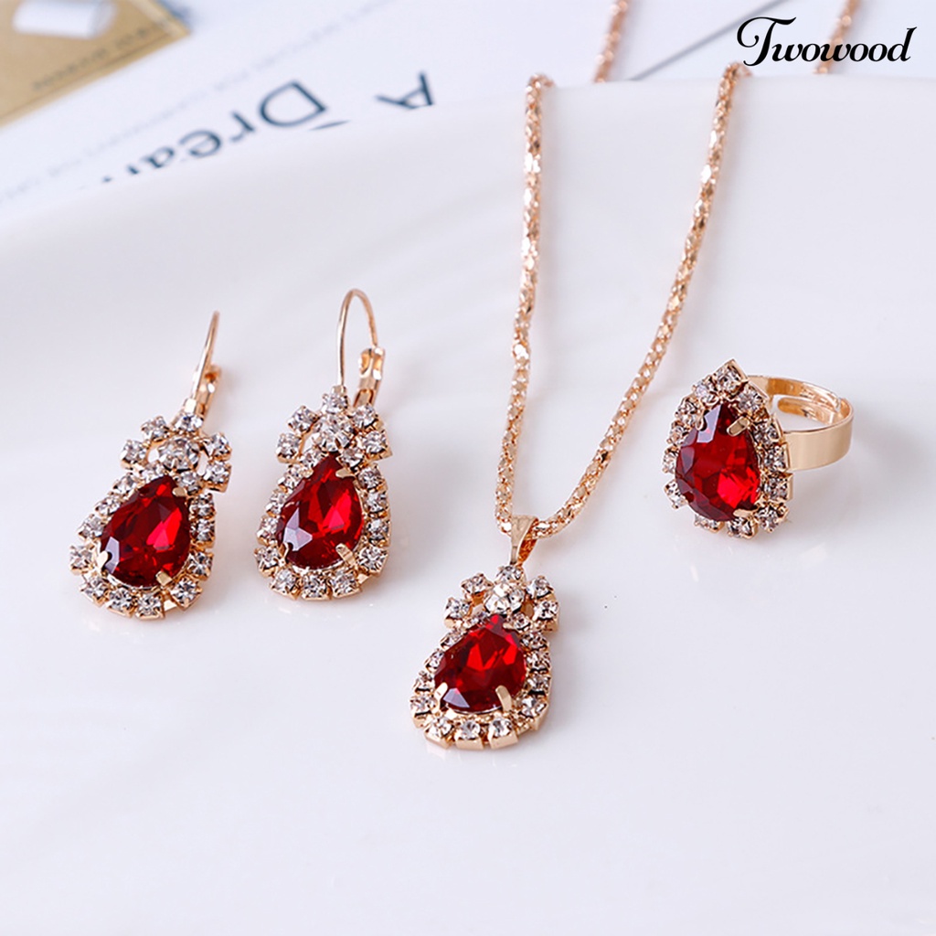 Twowood Set Perhiasan Eye-catching Mudah Senada Wanita Tetesan Air Berlian Imitasi Mengkilap Kalung Cincin Anting Untuk Pesta